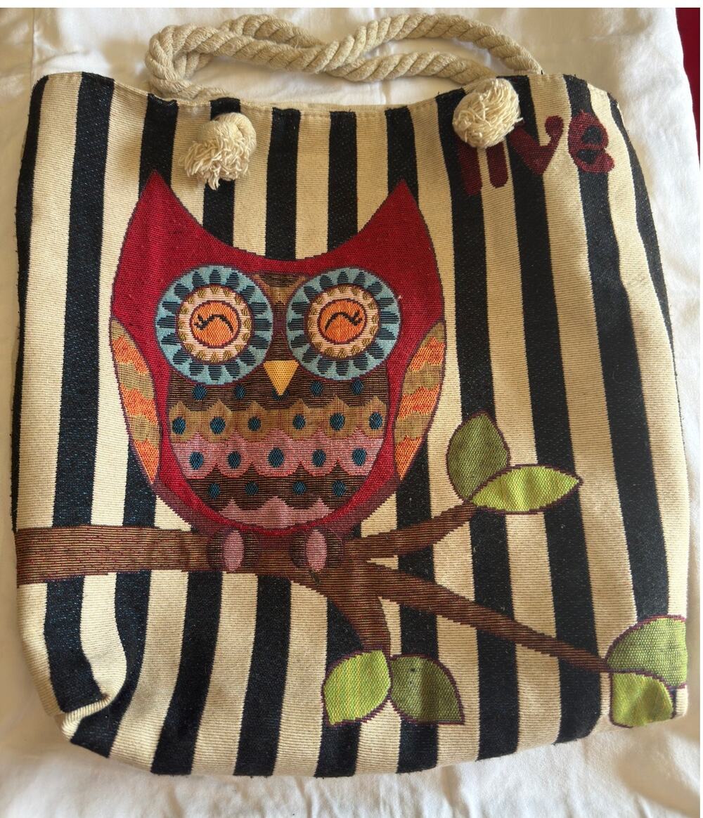 Owl Patchwork Canvas Tote Bag Rope Handles Striped Zip Boho Shoulder Beach Bag